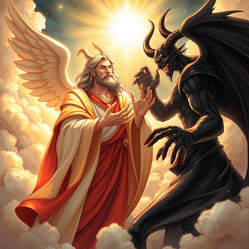 A captivating illustration of God and Satan engaged in a dramatic dialogue, set against a celestial backdrop