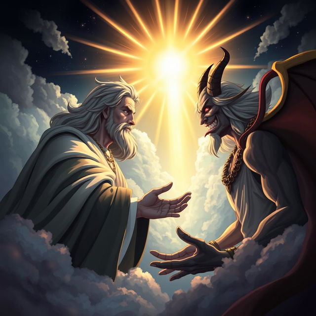 A captivating illustration of God and Satan engaged in a dramatic dialogue, set against a celestial backdrop