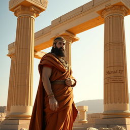 An artistic representation of Cyrus the Great, depicted as a majestic figure in traditional Persian attire, standing proudly beside the grand ruins of Persepolis