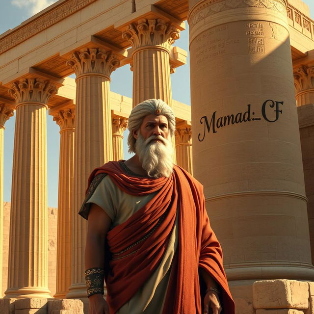 An artistic representation of Cyrus the Great, depicted as a majestic figure in traditional Persian attire, standing proudly beside the grand ruins of Persepolis