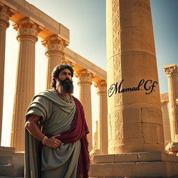 An artistic representation of Cyrus the Great, depicted as a majestic figure in traditional Persian attire, standing proudly beside the grand ruins of Persepolis
