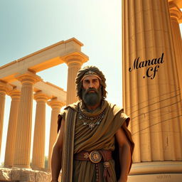 An artistic representation of Cyrus the Great, depicted as a majestic figure in traditional Persian attire, standing proudly beside the grand ruins of Persepolis