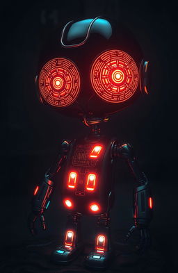 A futuristic blind robot with metallic eyes that have intricate designs resembling intricate circuits and patterns