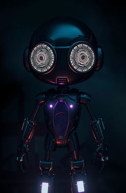 A futuristic blind robot with metallic eyes that have intricate designs resembling intricate circuits and patterns