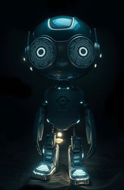 A futuristic blind robot with metallic eyes that have intricate designs resembling intricate circuits and patterns