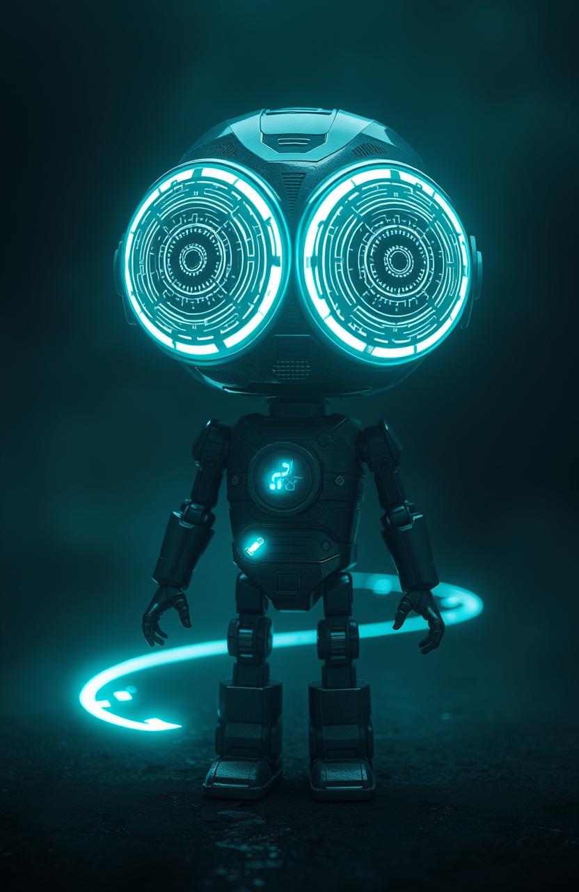 A futuristic blind robot with metallic eyes that have intricate designs resembling intricate circuits and patterns