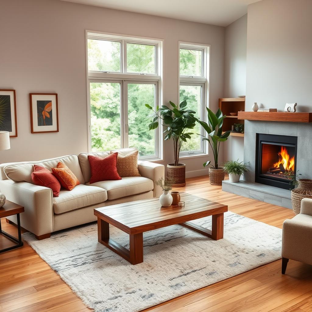 A cozy and inviting living room in a modern home, featuring a plush beige sofa adorned with colorful throw pillows, a stylish wooden coffee table at the center, and a soft area rug on the hardwood floor