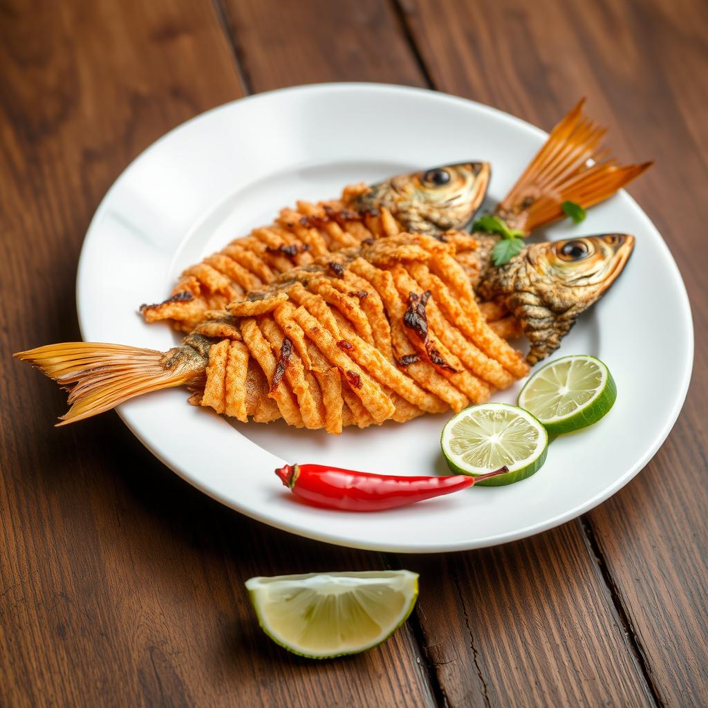 A plate of crispy, golden-brown dried fish arranged artfully on a white porcelain plate, showcasing the intricate details of the fish's scales and texture