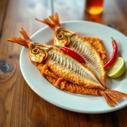 A plate of crispy, golden-brown dried fish arranged artfully on a white porcelain plate, showcasing the intricate details of the fish's scales and texture