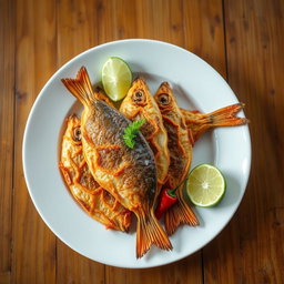 A plate of crispy, golden-brown dried fish arranged artfully on a white porcelain plate, showcasing the intricate details of the fish's scales and texture