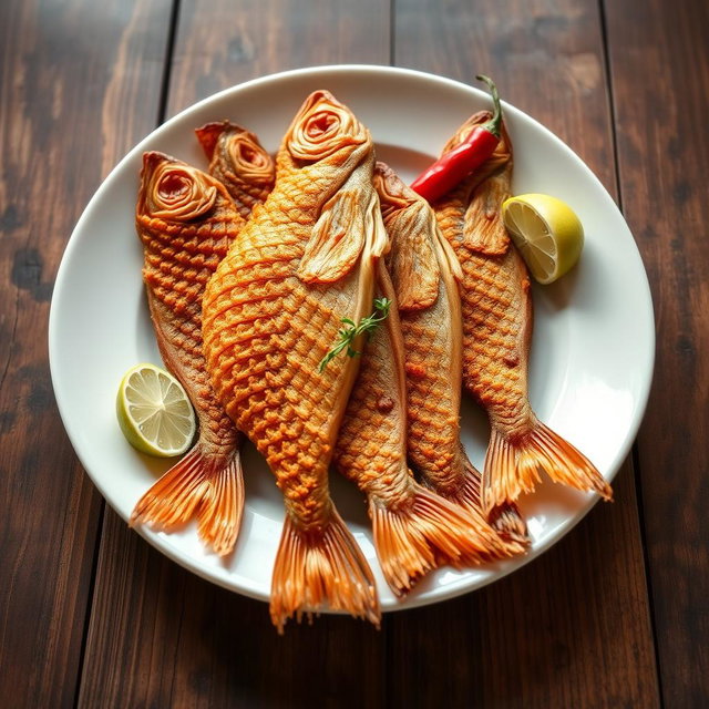 A plate of crispy, golden-brown dried fish arranged artfully on a white porcelain plate, showcasing the intricate details of the fish's scales and texture