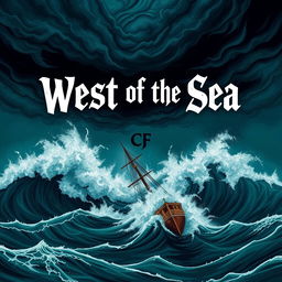 An intense and dramatic scene of a stormy sea with towering waves crashing against a ship that is in the process of capsizing