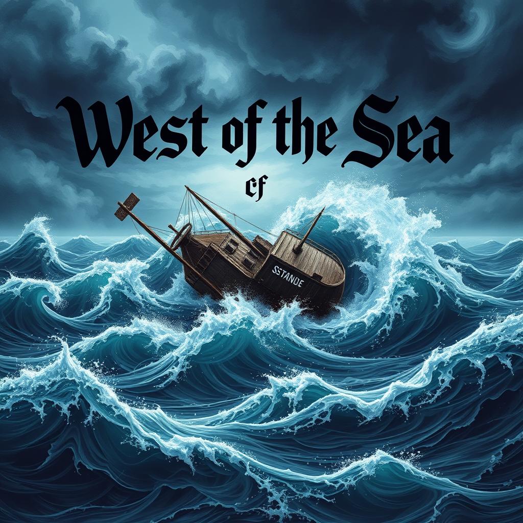 An intense and dramatic scene of a stormy sea with towering waves crashing against a ship that is in the process of capsizing