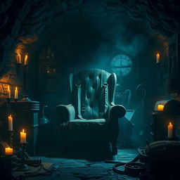An intense and darkly atmospheric scene depicting a fictional underground lair filled with ominous tools and devices