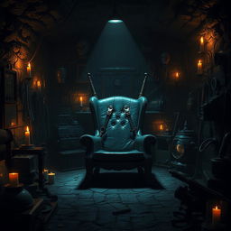 An intense and darkly atmospheric scene depicting a fictional underground lair filled with ominous tools and devices