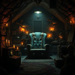 An intense and darkly atmospheric scene depicting a fictional underground lair filled with ominous tools and devices