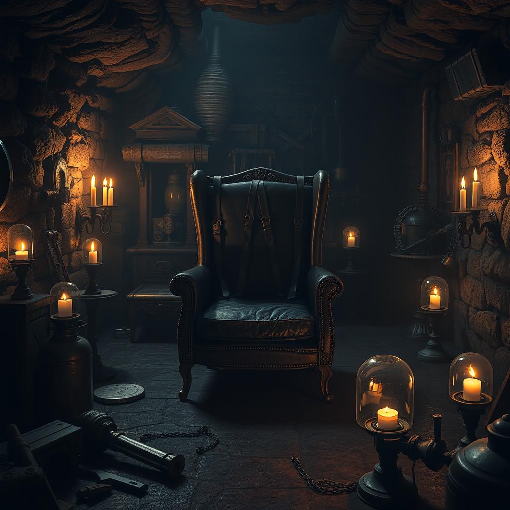 An intense and darkly atmospheric scene depicting a fictional underground lair filled with ominous tools and devices