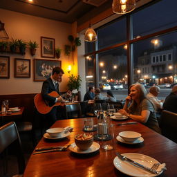 A cozy and inviting restaurant scene, showcasing a beautifully set wooden table with elegant tableware