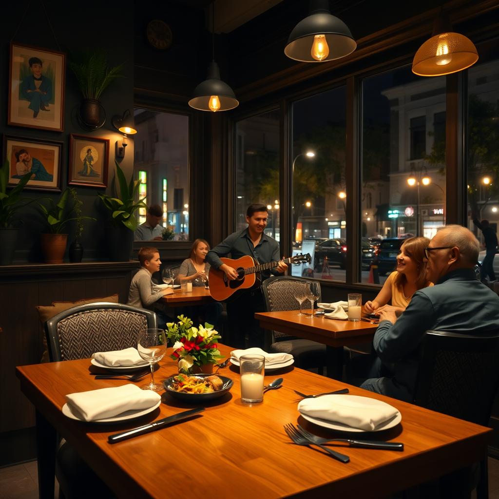 A cozy and inviting restaurant scene, showcasing a beautifully set wooden table with elegant tableware