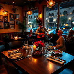 A cozy and inviting restaurant scene, showcasing a beautifully set wooden table with elegant tableware