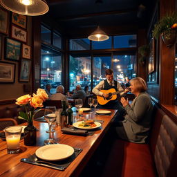 A cozy and inviting restaurant scene, showcasing a beautifully set wooden table with elegant tableware