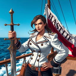 A fierce female admiral standing confidently on the deck of a ship