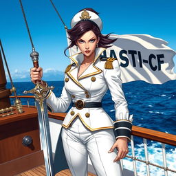 A fierce female admiral standing confidently on the deck of a ship