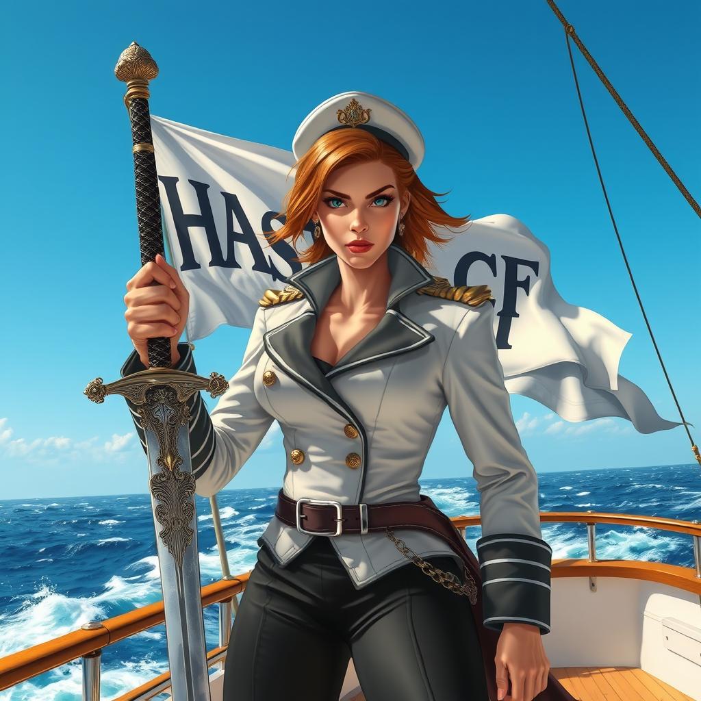 A fierce female admiral standing confidently on the deck of a ship