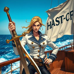 A fierce female admiral standing confidently on the deck of a ship