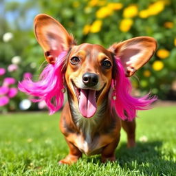 A playful dachshund dog with vibrant pink fur, adorned with stylish earrings