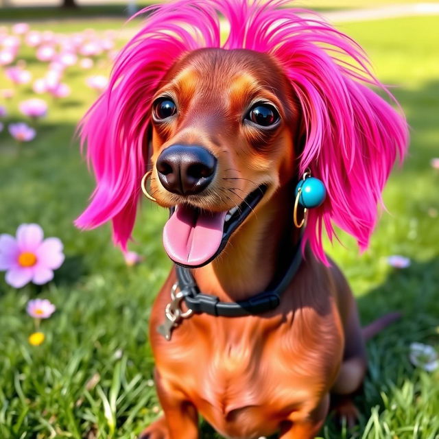 A playful dachshund dog with vibrant pink fur, adorned with stylish earrings