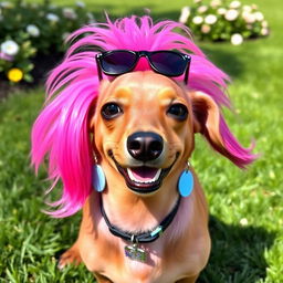 A playful dachshund dog with vibrant pink fur, adorned with stylish earrings