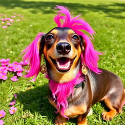 A playful dachshund dog with vibrant pink fur, adorned with stylish earrings