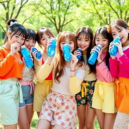 Six teenage girls from a K-pop group, each with distinct and fashionable outfits representing a colorful and energetic style