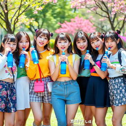 Six teenage girls from a K-pop group, each with distinct and fashionable outfits representing a colorful and energetic style