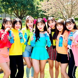 Six teenage girls from a K-pop group, each with distinct and fashionable outfits representing a colorful and energetic style
