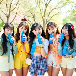 Six teenage girls from a K-pop group, each with distinct and fashionable outfits representing a colorful and energetic style