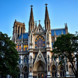 A stunning and intricate gothic cathedral resembling Notre Dame, showcasing its iconic flying buttresses, pointed arches, and ornate façade