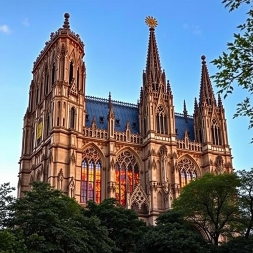A stunning and intricate gothic cathedral resembling Notre Dame, showcasing its iconic flying buttresses, pointed arches, and ornate façade