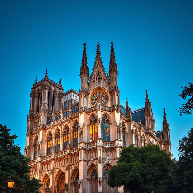 A stunning and intricate gothic cathedral resembling Notre Dame, showcasing its iconic flying buttresses, pointed arches, and ornate façade