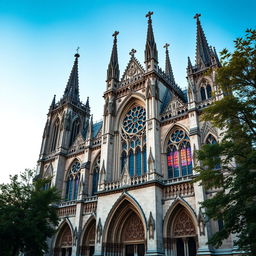 A stunning and intricate gothic cathedral resembling Notre Dame, showcasing its iconic flying buttresses, pointed arches, and ornate façade