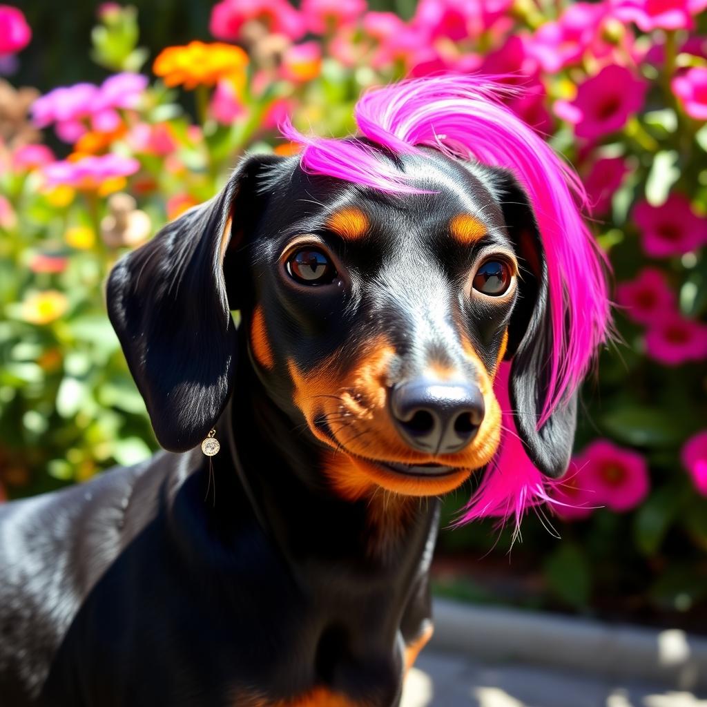 A black dachshund dog with vibrant pink hair styled in a trendy fashion, wearing stylish earrings that sparkle in the light