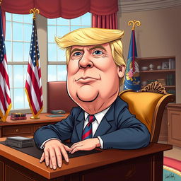 A caricature of Donald Trump sitting in the presidential office, featuring Pepe the Frog's face artfully blended with Trump's features, capturing the humorous essence of meme culture