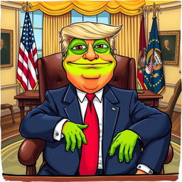 A caricature of Donald Trump sitting in the presidential office, featuring Pepe the Frog's face artfully blended with Trump's features, capturing the humorous essence of meme culture