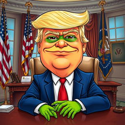 A caricature of Donald Trump sitting in the presidential office, featuring Pepe the Frog's face artfully blended with Trump's features, capturing the humorous essence of meme culture