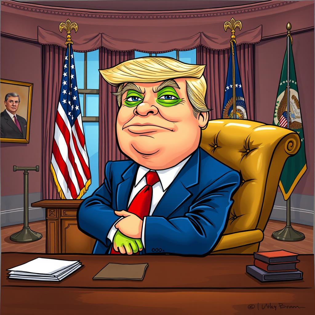 A caricature of Donald Trump sitting in the presidential office, featuring Pepe the Frog's face artfully blended with Trump's features, capturing the humorous essence of meme culture