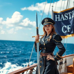 A strong female sea captain standing confidently on the deck of a ship, holding a beautifully crafted sword