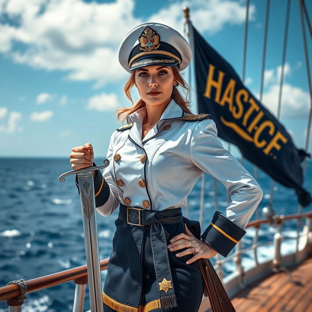 A strong female sea captain standing confidently on the deck of a ship, holding a beautifully crafted sword