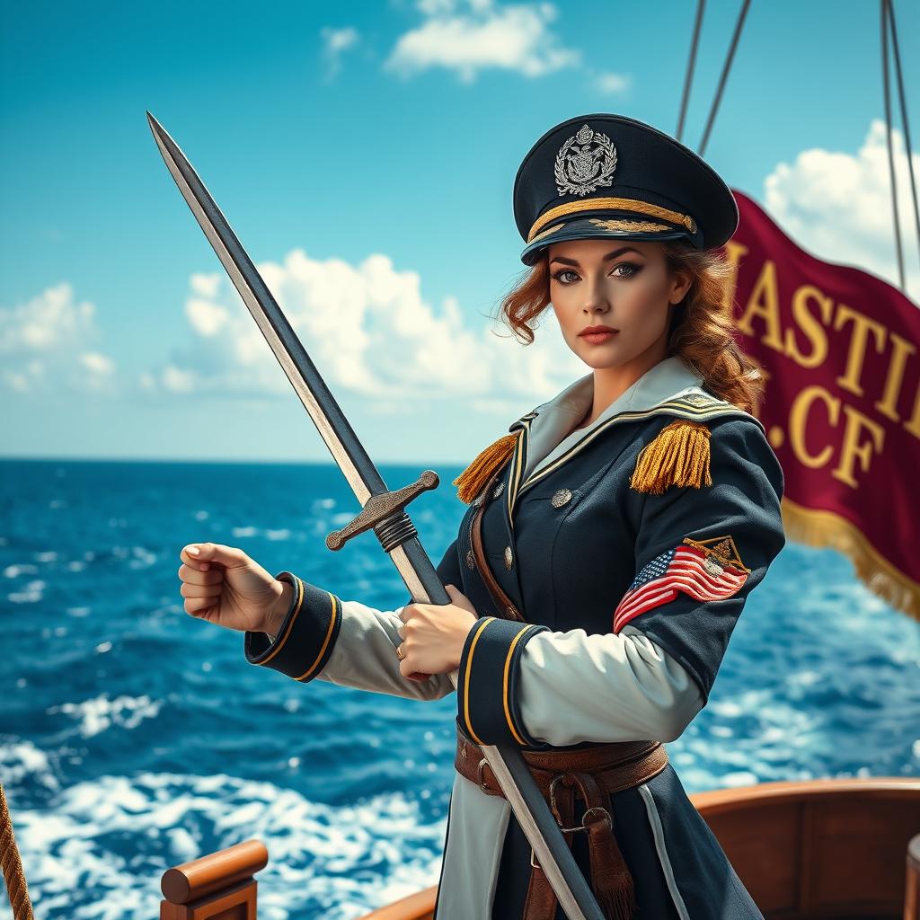 A strong female sea captain standing confidently on the deck of a ship, holding a beautifully crafted sword