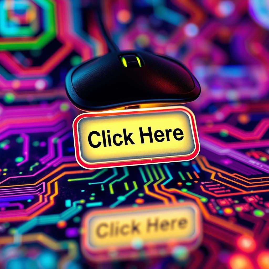 A close-up shot of a computer mouse hovering over a glowing 'Click Here' button on a vibrant, colorful digital interface